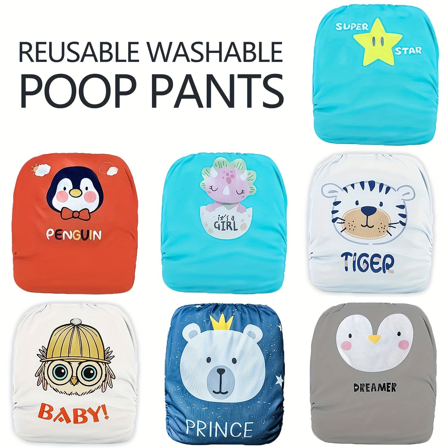 Reusable cloth training pants in a convenient 2-pack for babies and toddlers ages 0-3 years. These waterproof polyester diaper covers feature adjustable snaps and come in multiple fun designs, making them an ideal gift for infants and young children.