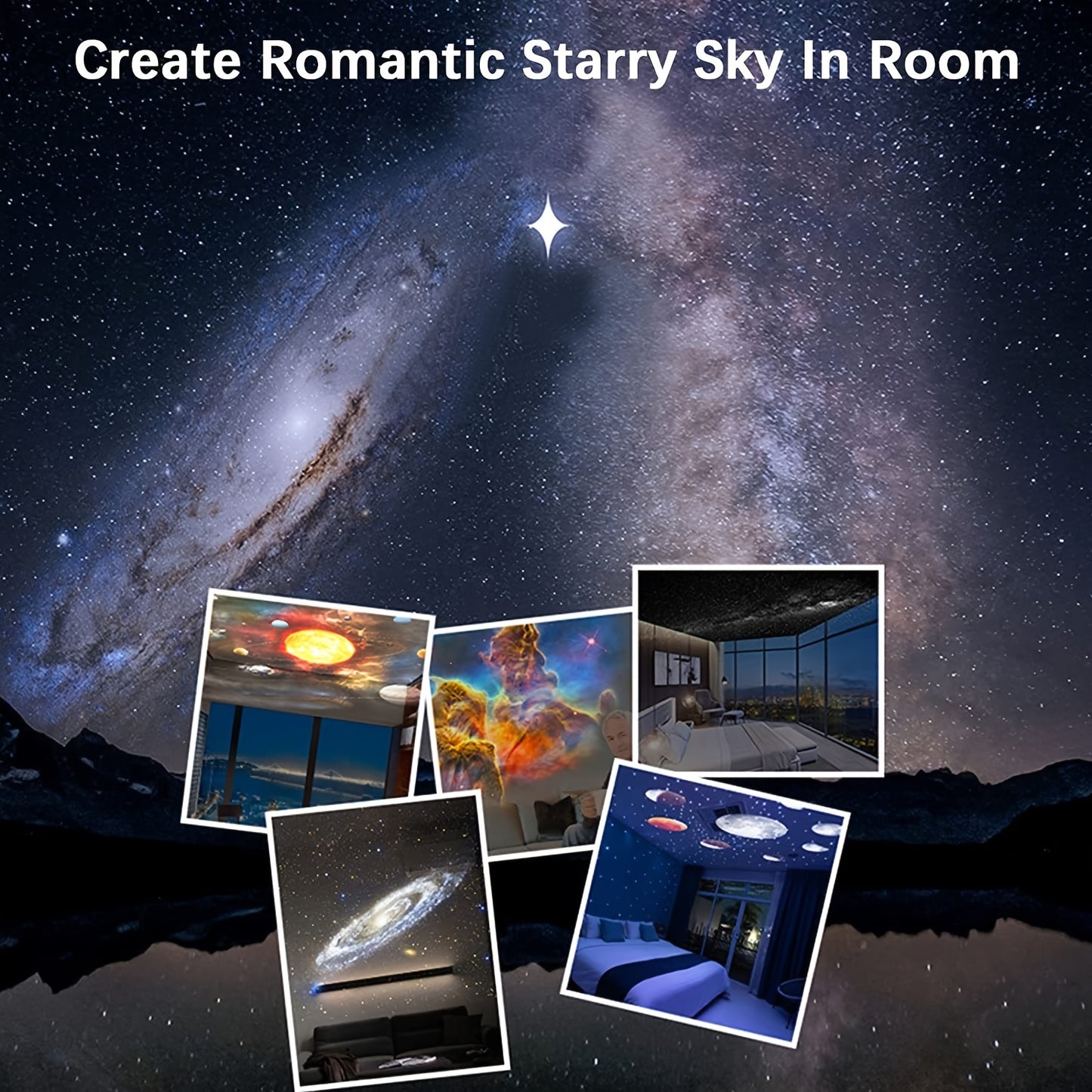 USB powered starry galaxy projector made of ABS material with tabletop mount, push button control, interchangeable film projection. Suitable for bedroom, hotel, restaurant, game room for