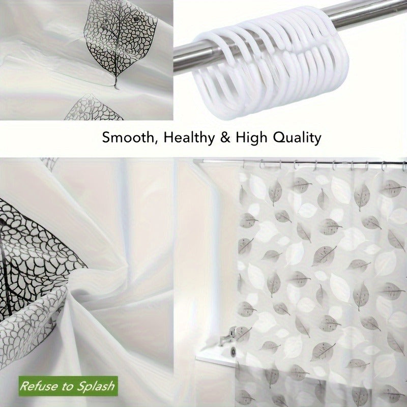 Leaf pattern shower curtain with metal grommets, easy to clean, includes hooks, ideal for bathroom decor and gift-giving.