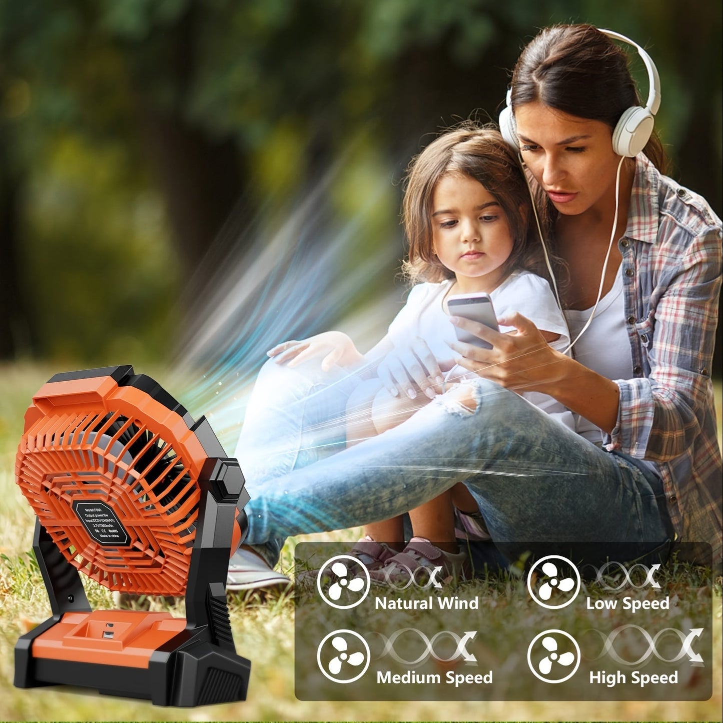 Portable personal fan with LED light and hook, high-speed table fan with 4 speeds, made of unfinished plastic with light kit, button control for indoor and outdoor use, USB rechargeable with built-in lithium battery.