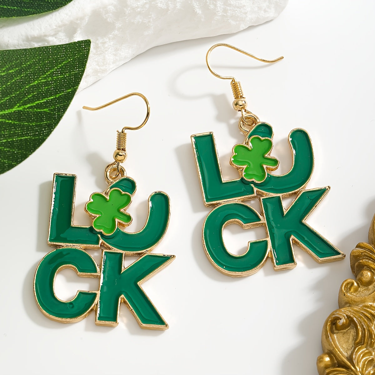 St. Patrick's Day Charm Earrings featuring a Lucky Clover and Rainbow Design adorned with Sparkling Rhinestones. Made with Stainless Steel Posts, these Earrings are crafted from Alloy, making them a Perfect Gift for Her. In Irish Green, Lip-shaped, Oil