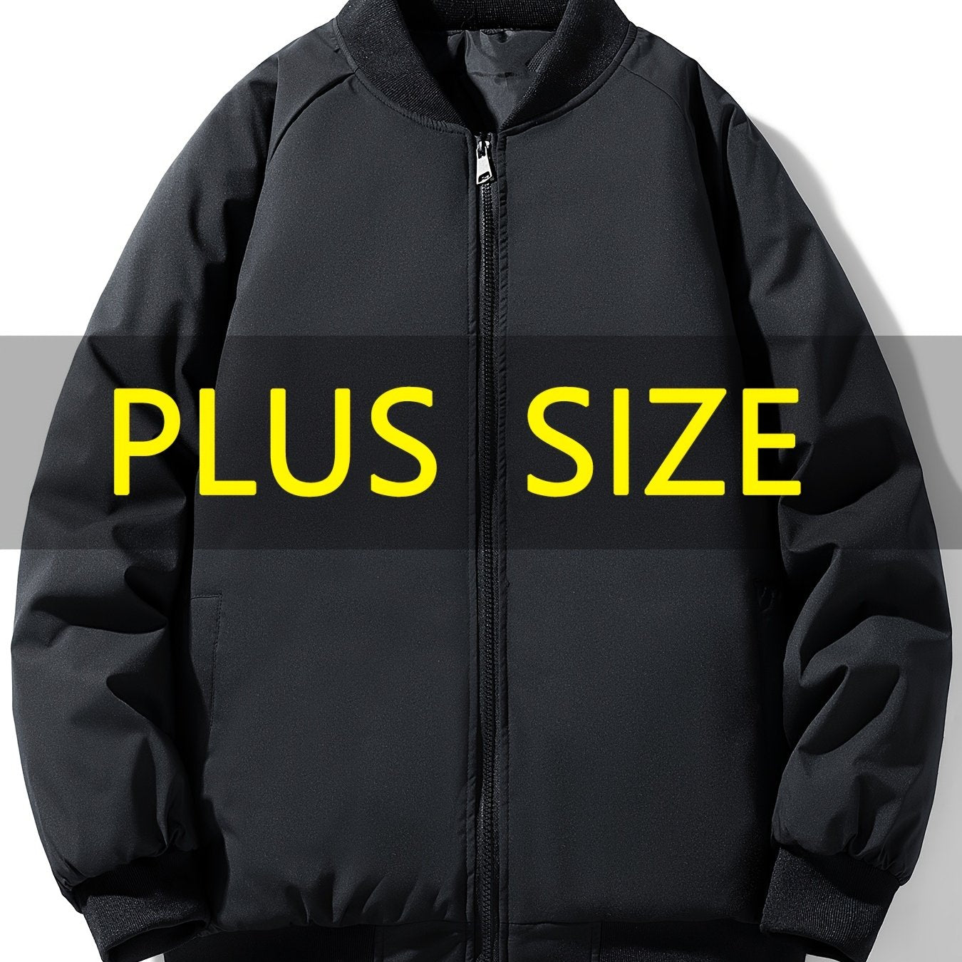 Men's plus size casual jacket with baseball collar, zip pockets, loose fit, solid color polyester.