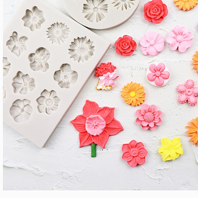 1 piece of a flower-shaped silicone mold with 11 cavities, perfect for making 3D fondant, pudding, chocolate, candy, desserts, gummy, cupcakes, handmade soap, ice cubes, ice cream, and more. Ideal for cake decorating, baking, and other kitchen items.