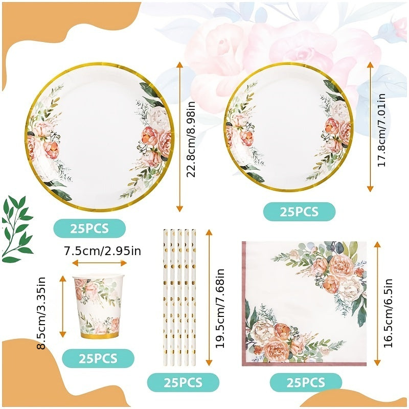 Disposable Luxurious Flower Themed Tableware Set - Includes 125 Pieces of Elegant Party Decorations such as Paper Plates, Dessert Plates, Napkins, and Paper Cups. Perfect for Birthday Parties, Weddings, Festivals, Anniversaries, and any other Special