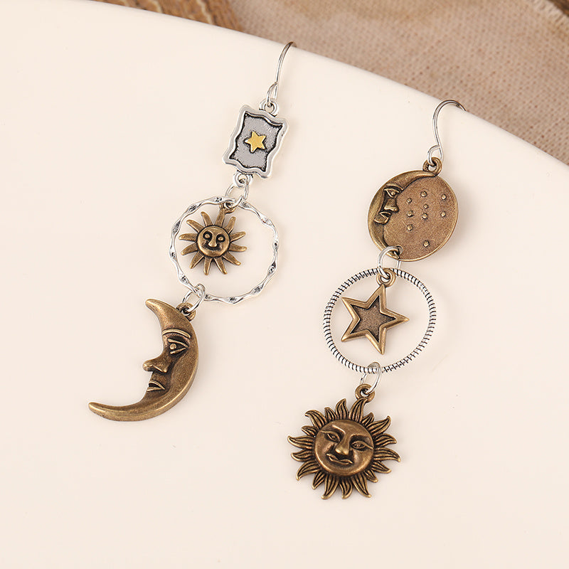 Antique Bronze Boho-Chic Earrings featuring Asymmetrical Dangles of Star, Moon, and Sun - Ideal for Everyday Wear or as a Thoughtful Gift for Women's Party - Stylish and Unique Pendant Option