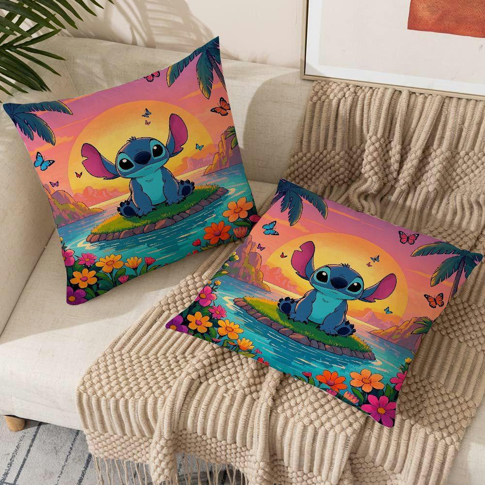 Two-pack polyester throw pillow covers featuring Disney Stitch and Angel themes, measuring 45.72x45.72 cm. These decorative cushion cases are perfect for adding a touch of whimsy to your sofa, living room, or outdoor decor.