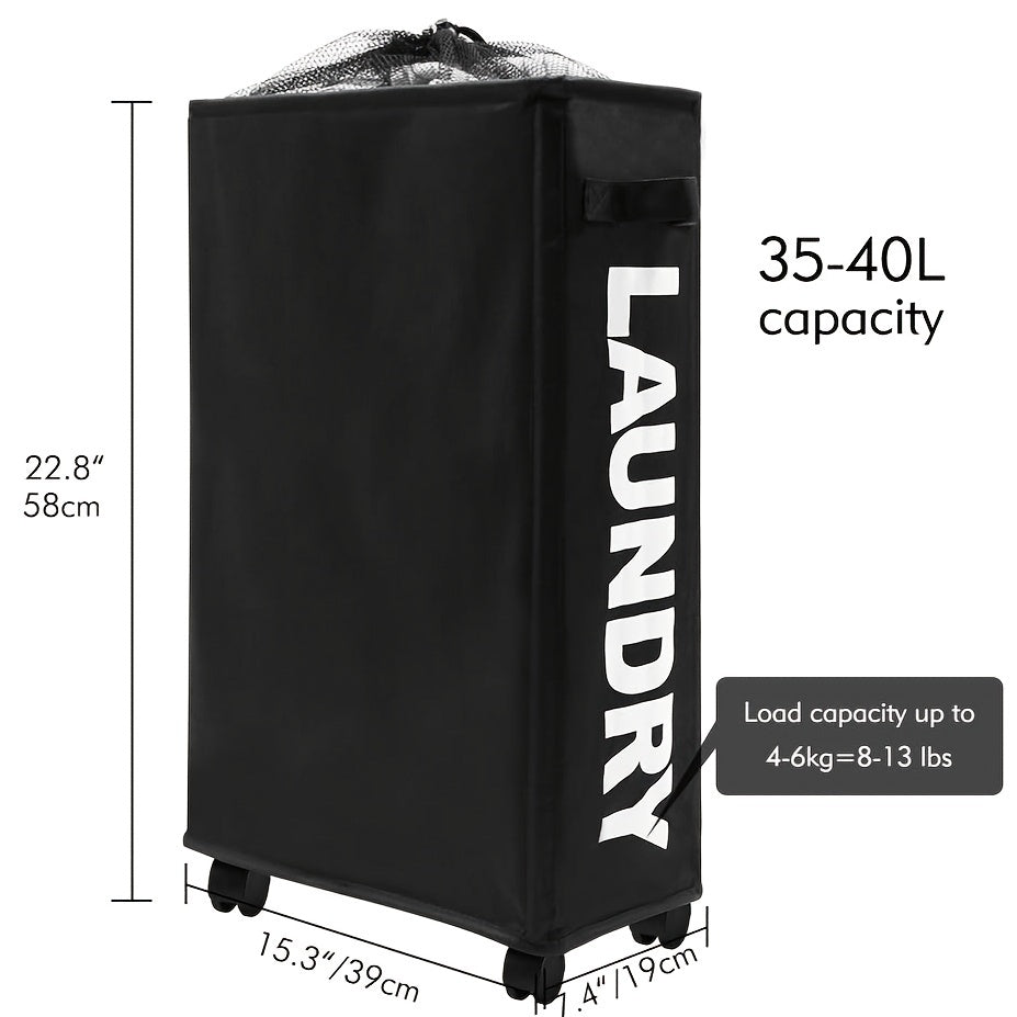 Get organized with our sleek and convenient Narrow Slim Laundry Basket on Wheels! Measuring 55.88cm, this hamper is perfect for tight spaces and features a collapsible design for easy storage. The drawstring mesh cover keeps clothes contained, while the