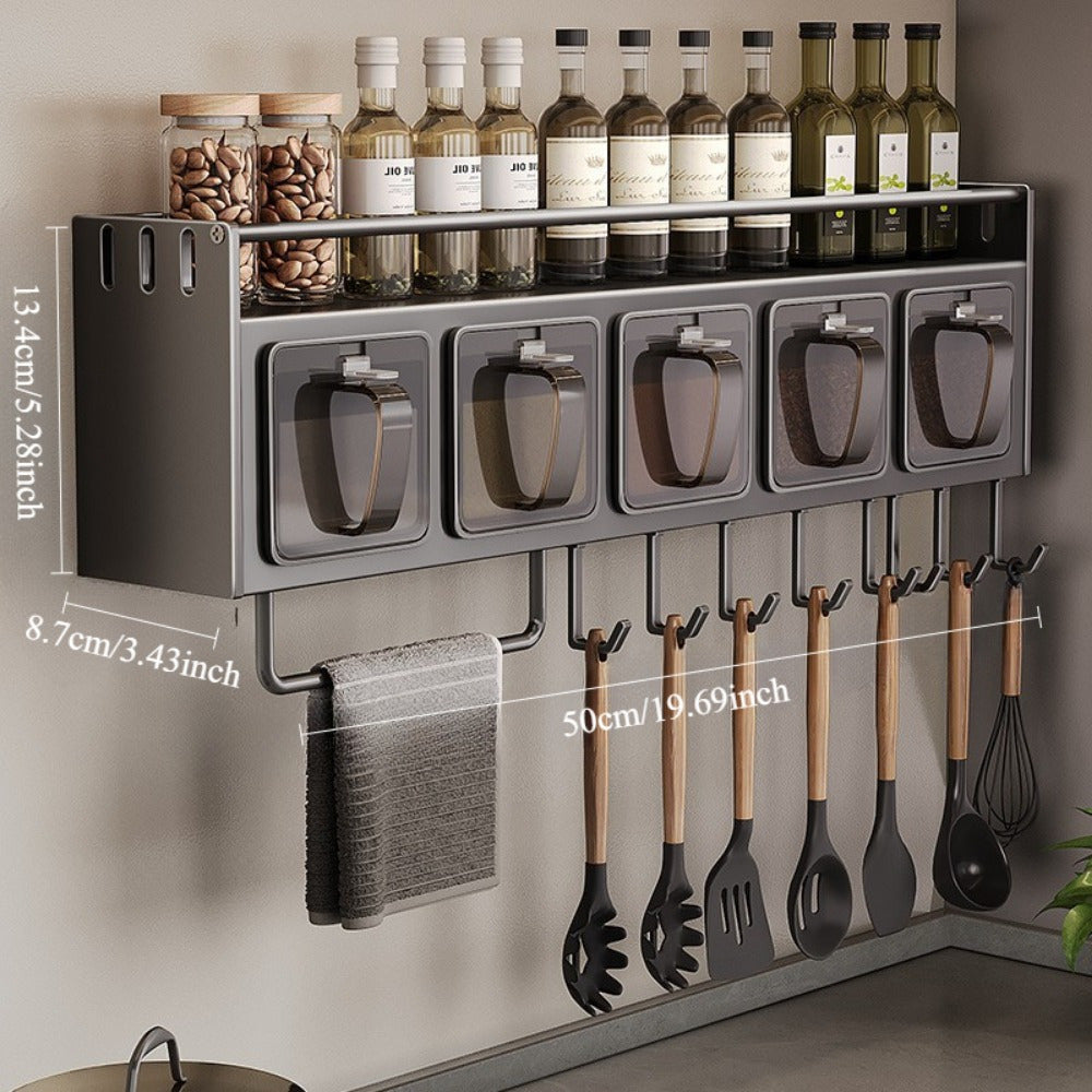 Modern Wall-Mounted Metal Spice Rack Organizer with Hanging Shelf - Convenient Kitchen Storage Solution for Seasoning Jars, Utensils, and Accessories - Includes Home Use Combination Set