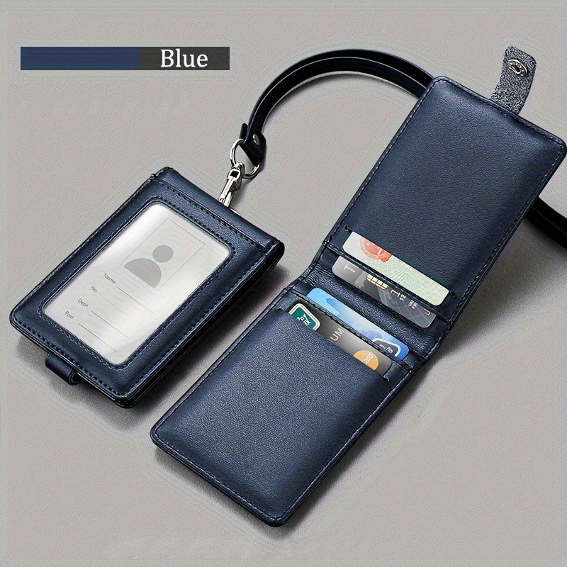 Leather ID card holder with lanyard, 5 card slots, PU leather, English text, formal business accessory.