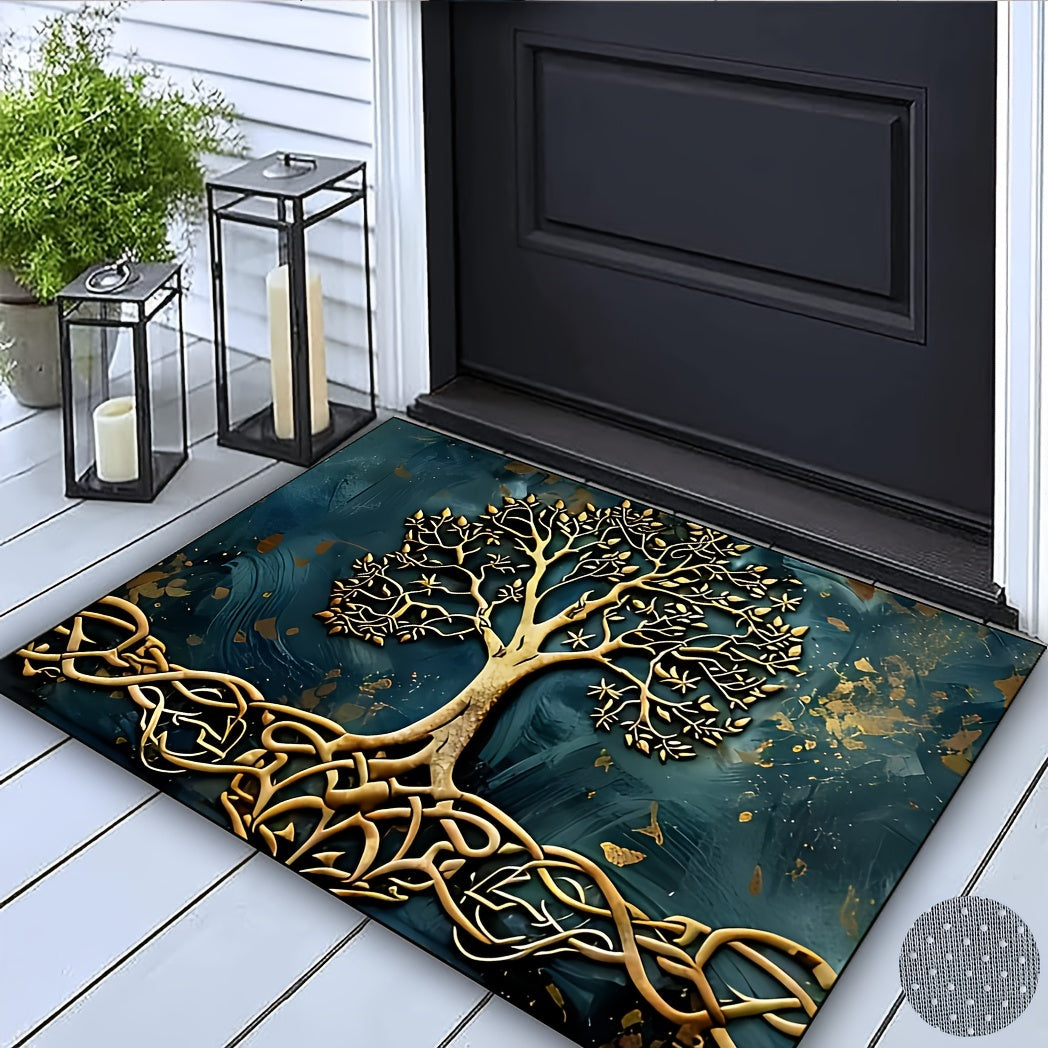 Life Tree Pattern Welcome Mat made of crystal velvet fabric with silicone backing, 1000g/m², non-slip washable rectangular entry rug for home, garden, patio, laundry, bathroom decor. Hand