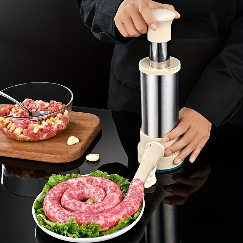 One-piece set of a manual hand-operated stainless steel sausage stuffer with 3 nozzle attachments. A durable kitchen tool for making homemade sausages, salami, and chorizo.