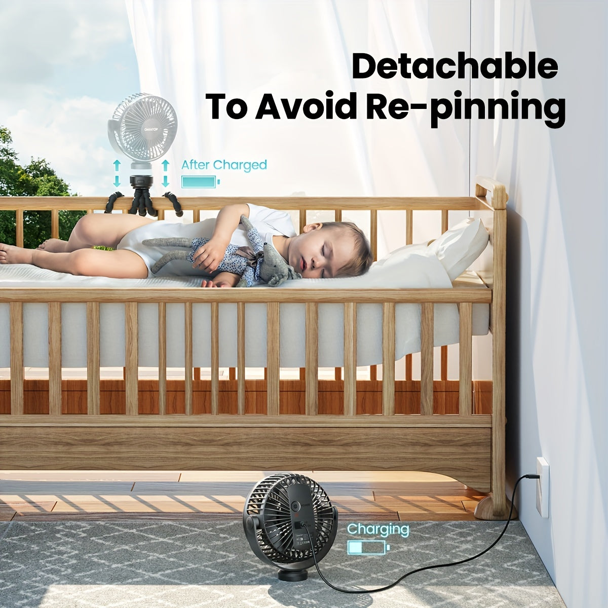 Small clip-on fan, rechargeable portable stroller fan with 3 speed settings, detachable and flexible, 360° rotation for handheld or desk use. Operates on battery power.