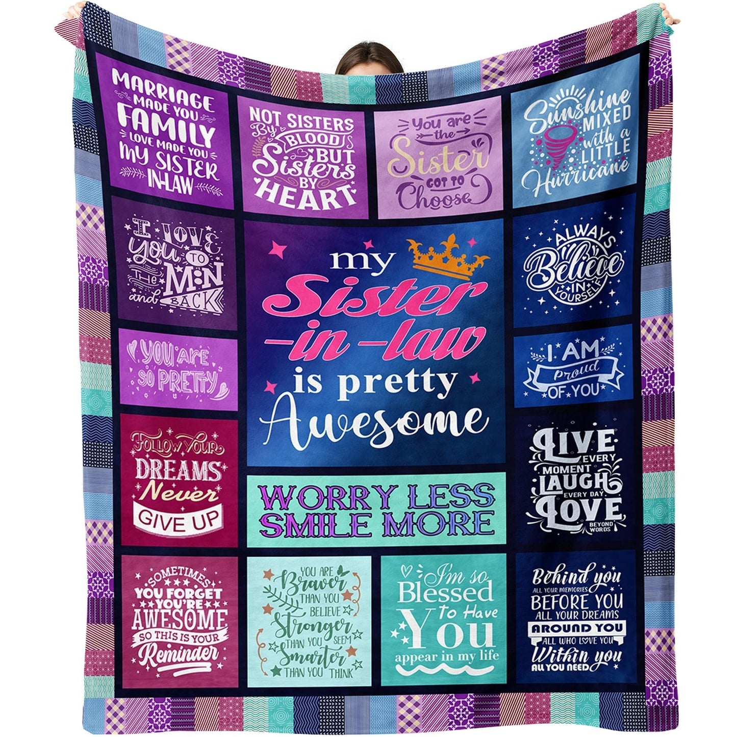 Soft and luxurious flannel fleece throw blanket designed for Sister-in-Law. Features a contemporary print that is perfect for all seasons. Easy to care for with machine washable polyester material. Can be used as a multi-purpose sofa throw. Ideal gift