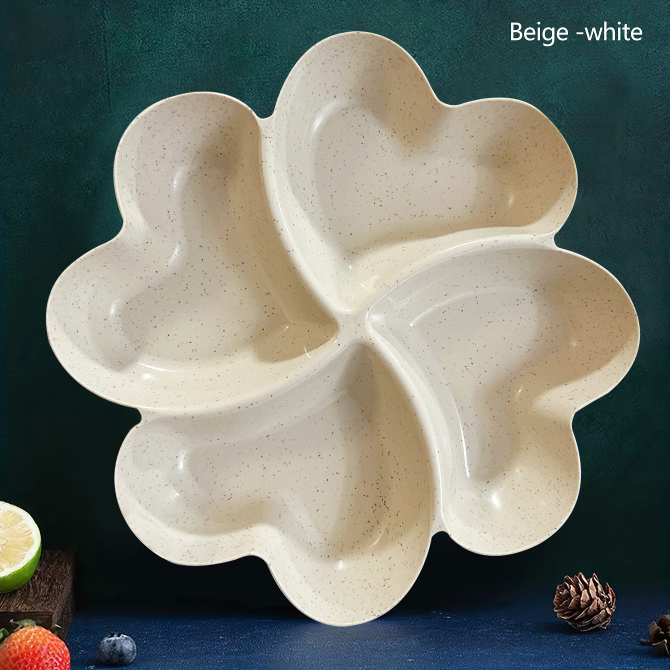 1pc unbreakable chip & dip serving platter with 4-compartment heart-shaped dish for snacks, nuts, candy, fruit, and salads.