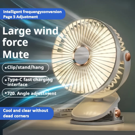 Portable USB Rechargeable Desk Fan with Nightlight - 1 Piece, 5 Speeds, 720° Rotation, Clip-On Design, Quiet Operation, Easy to Clean, Suitable for Indoor and Outdoor Use, Made of Durable Plastic, Includes Push Button Control and Built-in Lithium Battery.