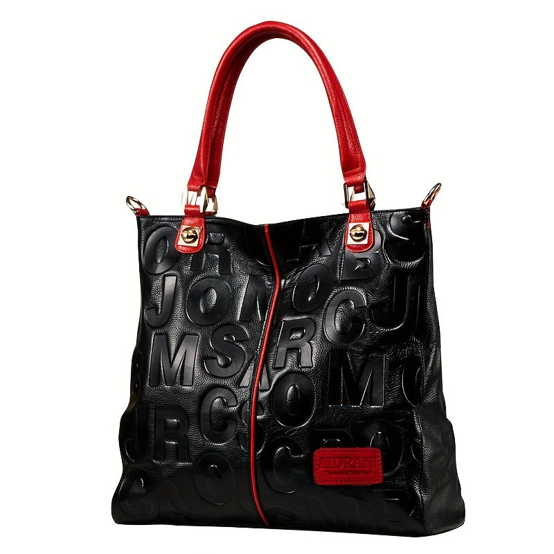 Luxurious red cowhide tote bag for women with geometric pattern, zip closure, polyester lining, and genuine leather material.