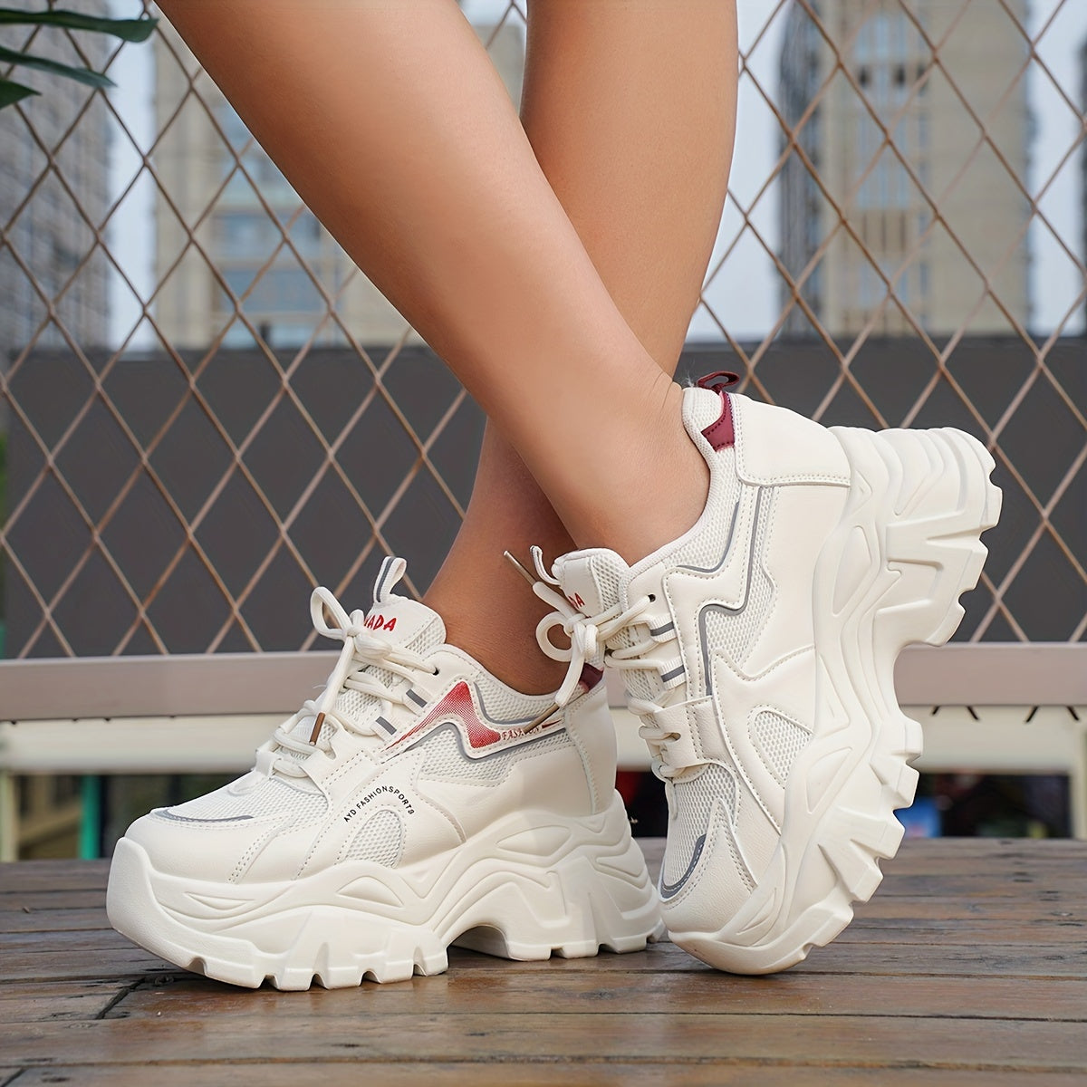 Chunky sneakers with breathable mesh and height increase for women, trendy walking shoes.