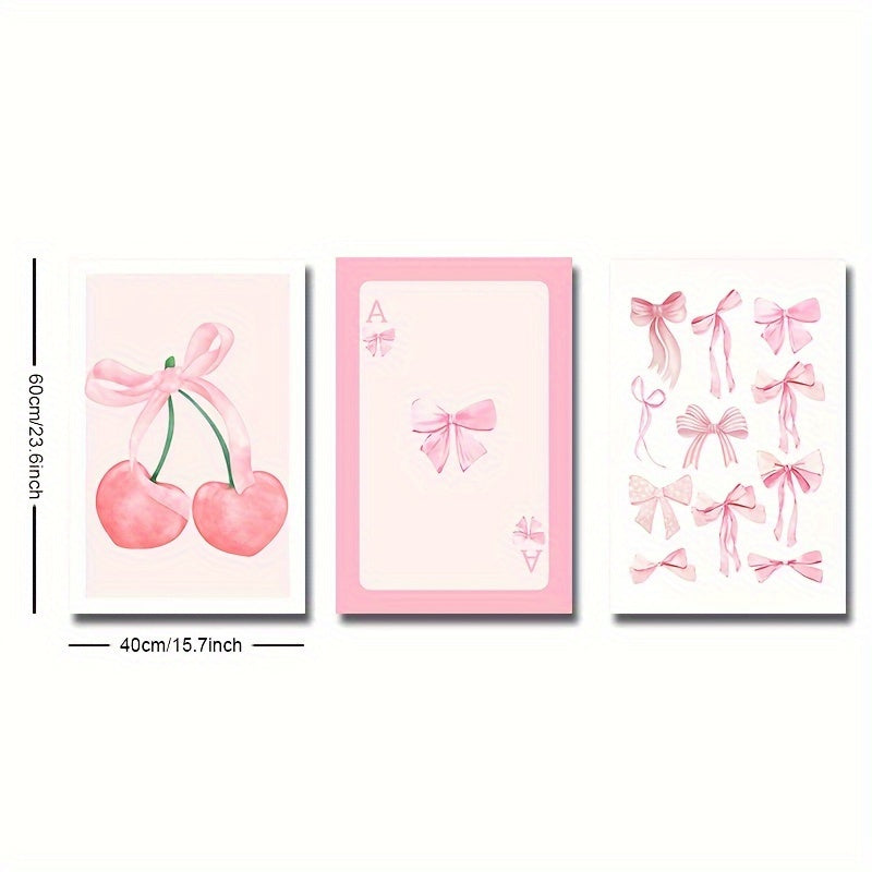 Set of 3 unframed pink cherry bow posters, ideal for home decor in living room, bedroom, girl room, dorm, or college apartment. Great gift idea.