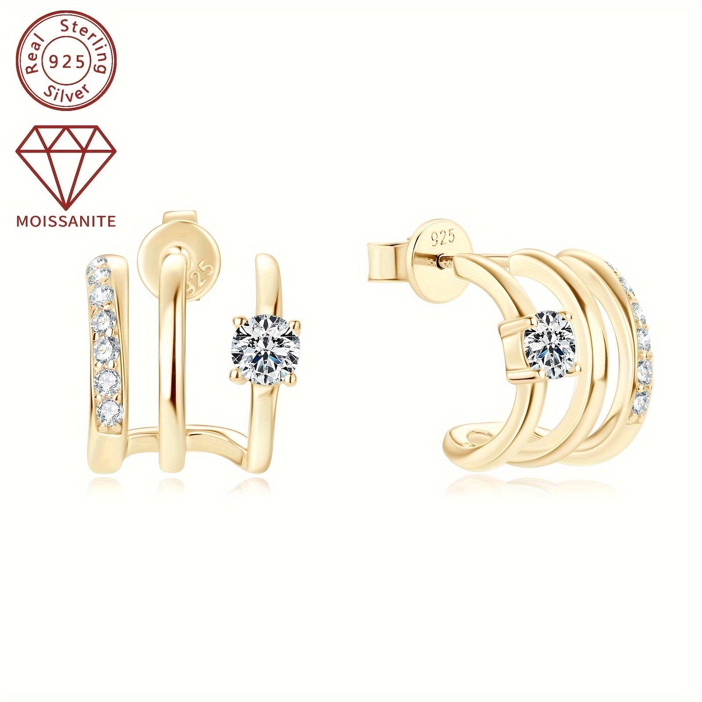 These stunning Moissanite earrings feature a total weight of 4.09g and are set with 4mm*2pcs, 1.6mm*14pcs, and 0.42ct*2pcs Moissanite stones. Crafted from 925 Sterling Silver, these Women's Fashion Half-Open Three-Ring Earrings are designed as a pair and