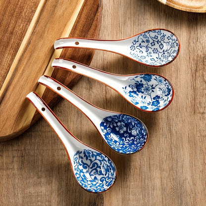 4 ceramic soup spoons for eating ramen, soup, and stirring in Japanese household creative design.