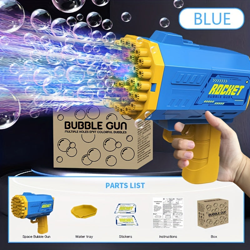 Portable electric bubble gun toy with 40 holes, colorful bubble streams, and mechanical style for summer parties and birthdays. Batteries and bubble solution not included. Safe and fun