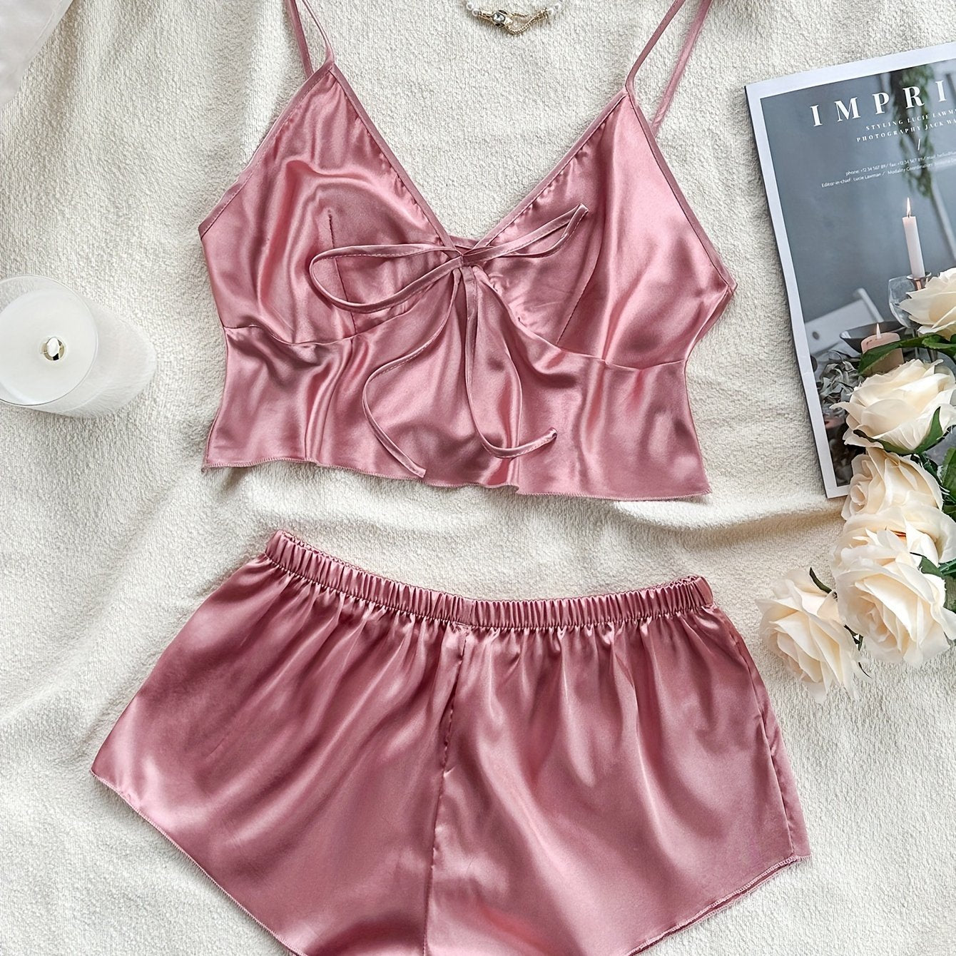 Solid satin pajama set with backless crop top and mini shorts for women, perfect summer sleepwear