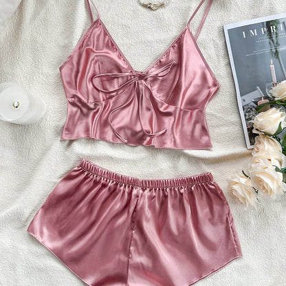 Solid satin pajama set with backless crop top and mini shorts for women, perfect summer sleepwear