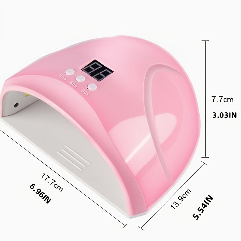 Powerful LED nail dryer uses USB power, cures nails quickly without turning black, made of hypoallergenic plastic, perfect for home manicures, no batteries needed.