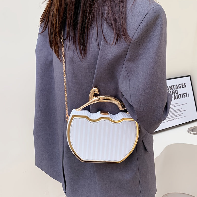 Chic white clip-on bag with gold chain strap, kiss lock closure, detachable shoulder strap, ideal for daily use.