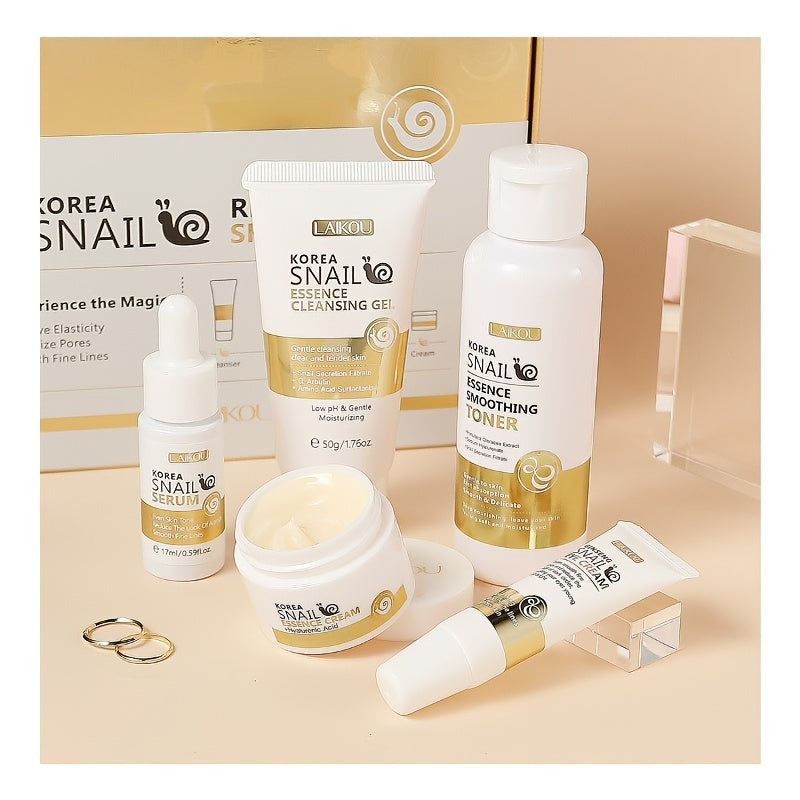 Korean Snail Revitalizing Skincare Set includes 5pcs & 10pcs; unisex adult skincare set with essence, serum, cleansing gel, and cream. Formaldehyde-free with glycerin for all skin types