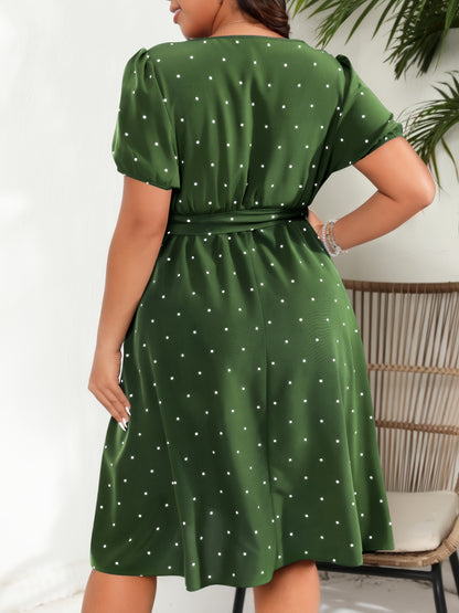 Polka Dot Print Dress - Square Neck, Short Sleeve, Belted - Plus Size Women's Clothing