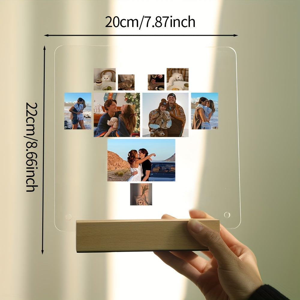 Personalized LED Heart-Shaped Acrylic Photo Frame - Single Picture Stand, Customizable Gift for Adults, Premium Transparent Decor for Special Occasions such as Birthdays, Valentine's Day, Christmas, or Displaying Pet Tributes.