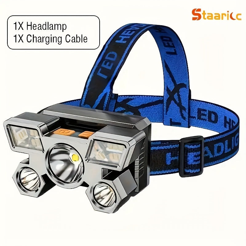 Staaricc 2/1 Pack Rechargeable LED Headlight with 5-Head and 4 Modes is a portable and water-resistant flashlight for outdoor activities.