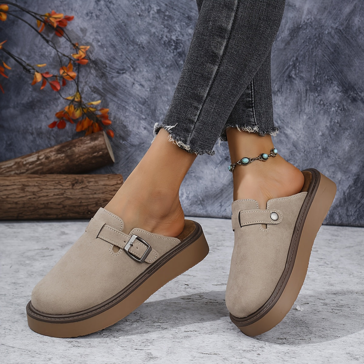 Casual buckle loafers for women with all-season comfort features, PU upper, rubber sole, flannel insole, and retro thick sole from Taizhou.