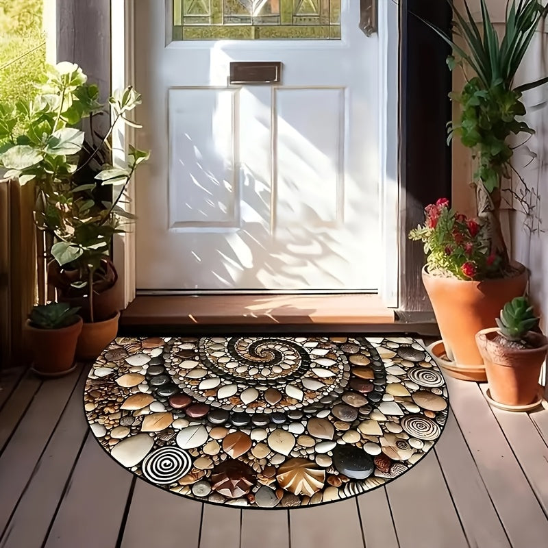 Colorful pebble welcome mat with spiral stone design in brown, beige, white, and black. Made of velvet with non-slip rubber backing. Ideal for front door, bedroom, kitchen, and bathroom