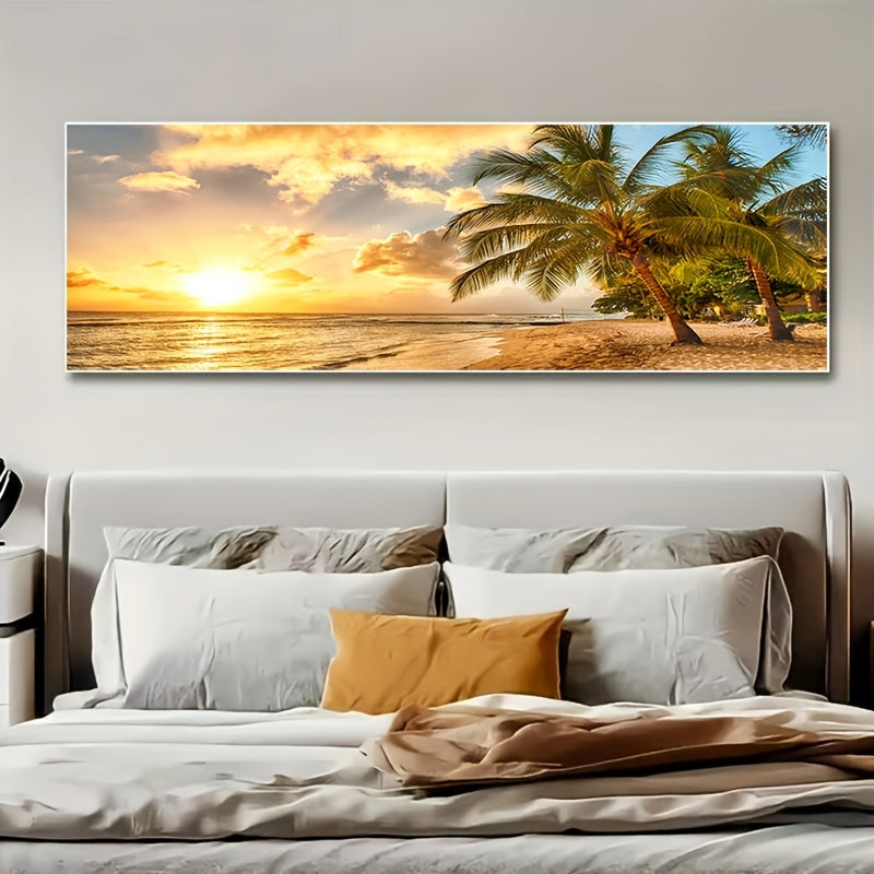 Large Modern Ocean View Coastal Canvas Painting featuring a palm tree, ocean, and sunset. Perfect for decorating a living room. Frame not included.