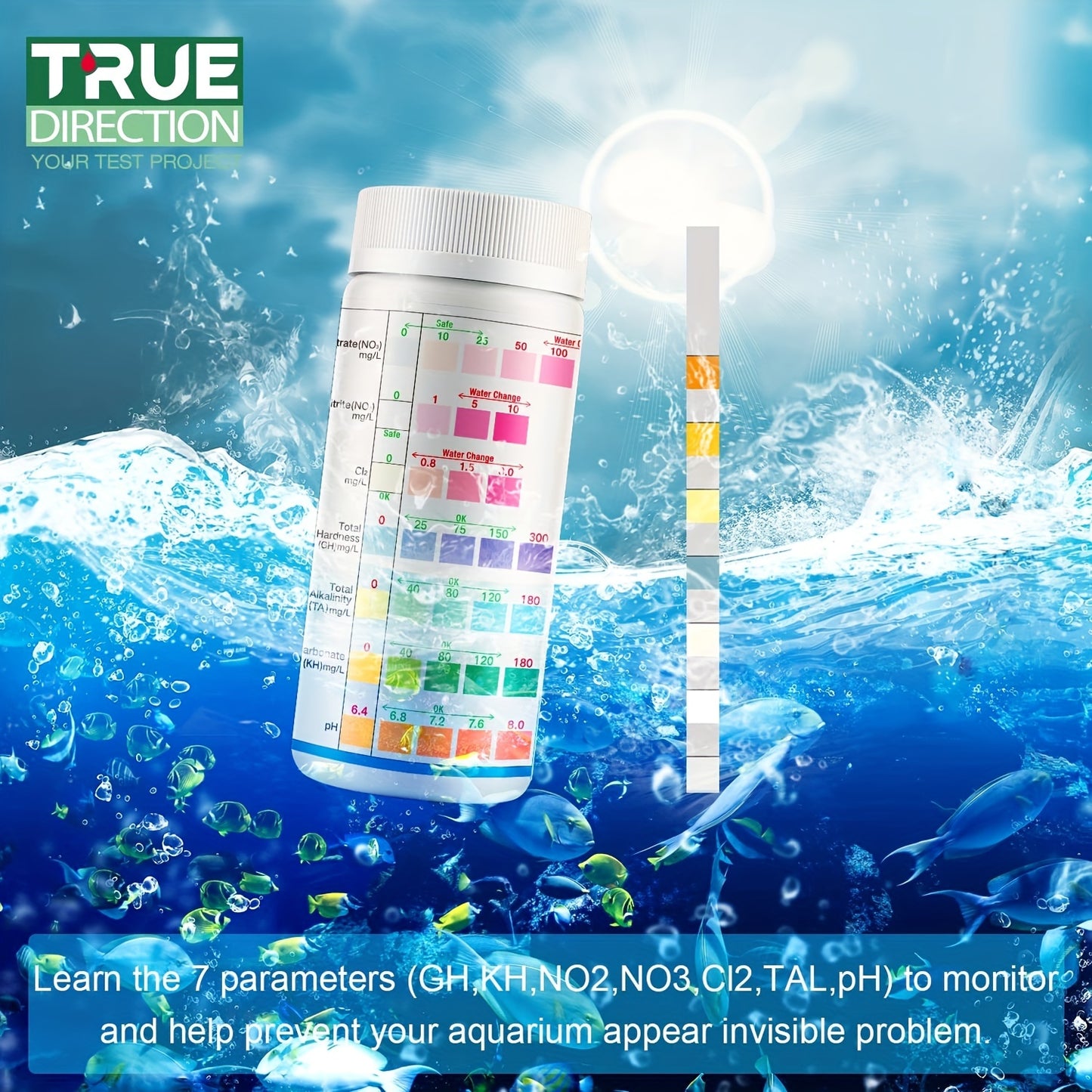 7-Way Aquarium Pool & SPA Test Strips for freshwater and saltwater fish tanks, ponds. Tests PH, Alkalinity, Nitrite, Nitrate, Chlorine, Carbonate, Hardness.