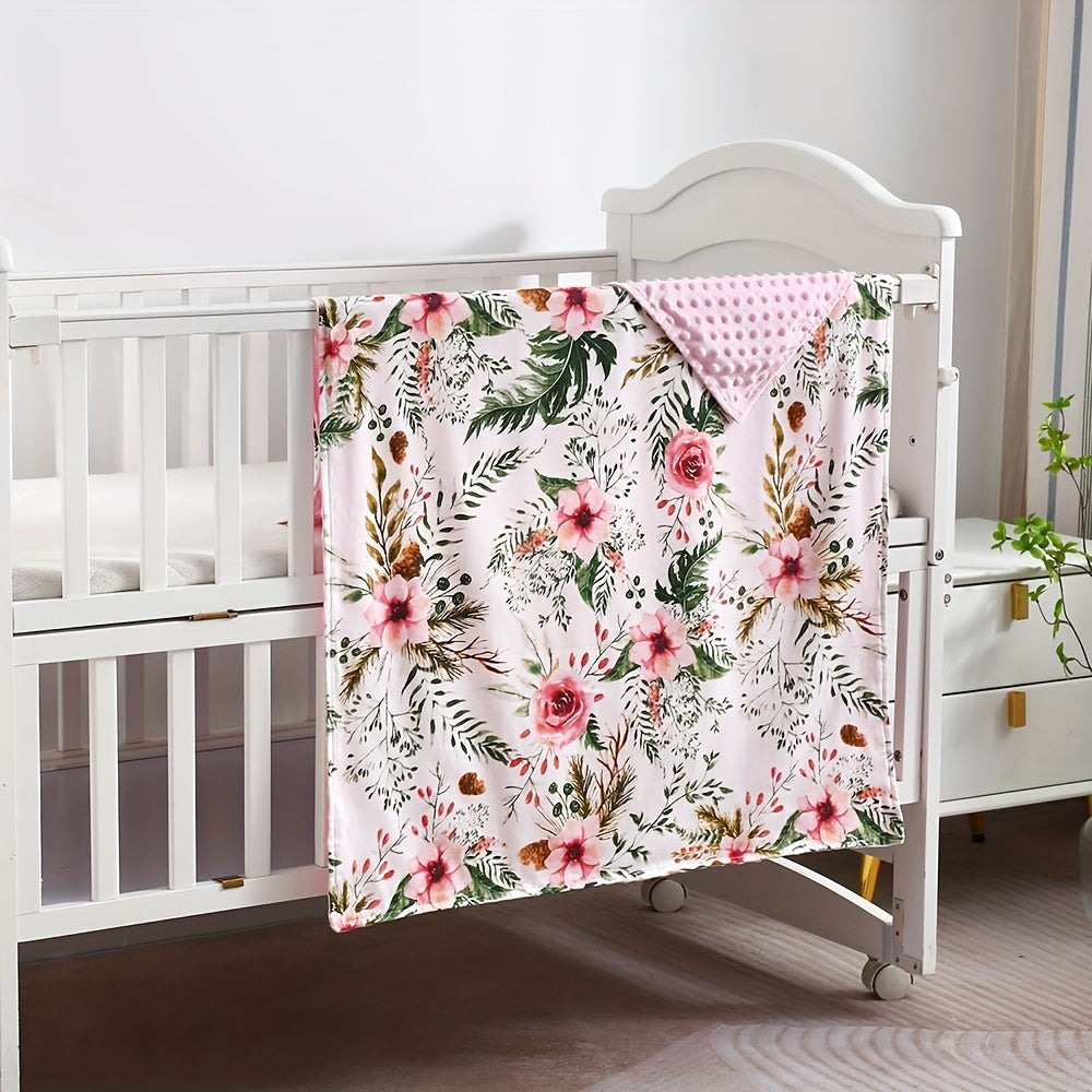 Baby blanket for boys and girls measuring 76.2 x 101.6 cm. This soft plush minky blanket features a dotted backing and a lovely flower double layer design, perfect for strollers and cribs.