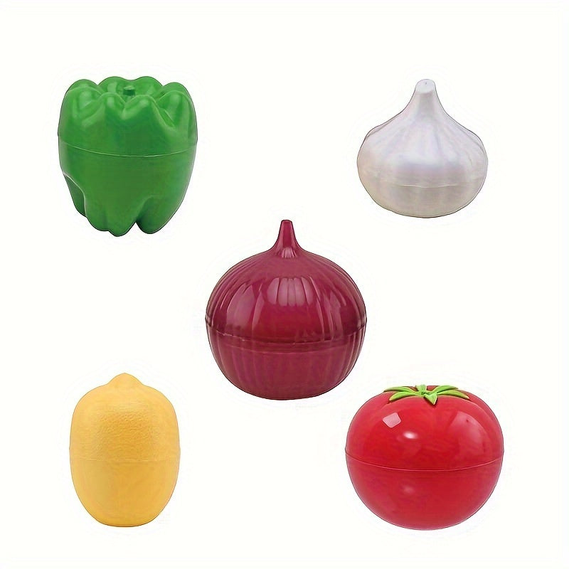 Set of 5 Storage Boxes: Transparent containers shaped like fruit and vegetables for keeping items fresh in the refrigerator or freezer. Specifically designed for storing lemon, avocado, tomato, onion, and garlic. Perfect for organizing and storing items