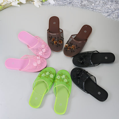 Women's Fashion Beaded Floral Slides - Lightweight Summer Indoor Shoes with Breathable Mesh, Almond Toe & EVA Sole