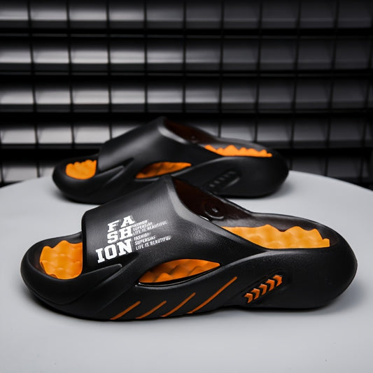 EVA slides with "FAITH" print, thick cushioned sole for height, non-slip and durable, breathable open-toe design, great for beach, parties, and sports. Black & orange, sizes 5-9.