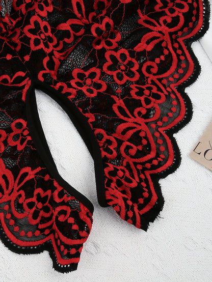 Sexy women's lingerie with floral embroidery, backless design, and open crotch.