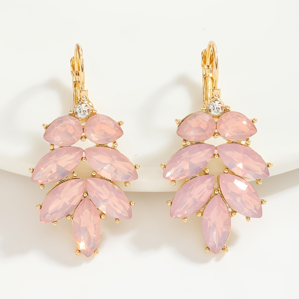 Shimmering pink floral and leaf earrings adorned with rhinestones - chic fashion accessory, made of gold-tone zinc alloy with stainless steel posts, perfect Valentine's Day gift for your girlfriend, suitable for all occasions and seasons.