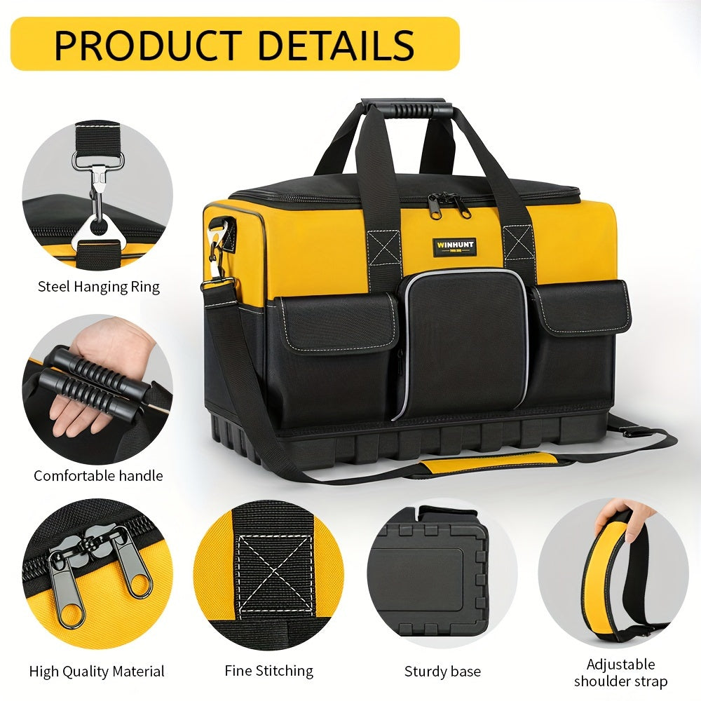 WINHUNT Tool Bag - Large, Heavy Duty, Waterproof, Polyester Material, Black/Yellow, Adjustable Shoulder Strap, Ideal for Industrial Tools Organization, Strong Molded Base, No Assembly