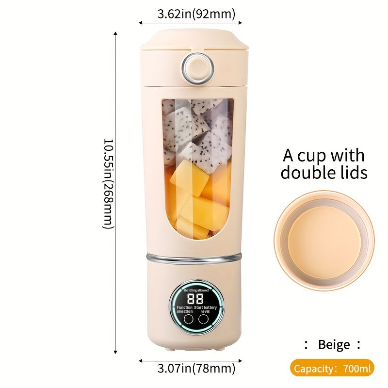 Portable juicer with digital display, compact design, and USB rechargeable battery. Suitable for making smoothies, milkshakes, and fresh fruit juice. Features easy-cleaning 12-blade system, double lid, and ice crusher. Perfect for travel and on-the-go