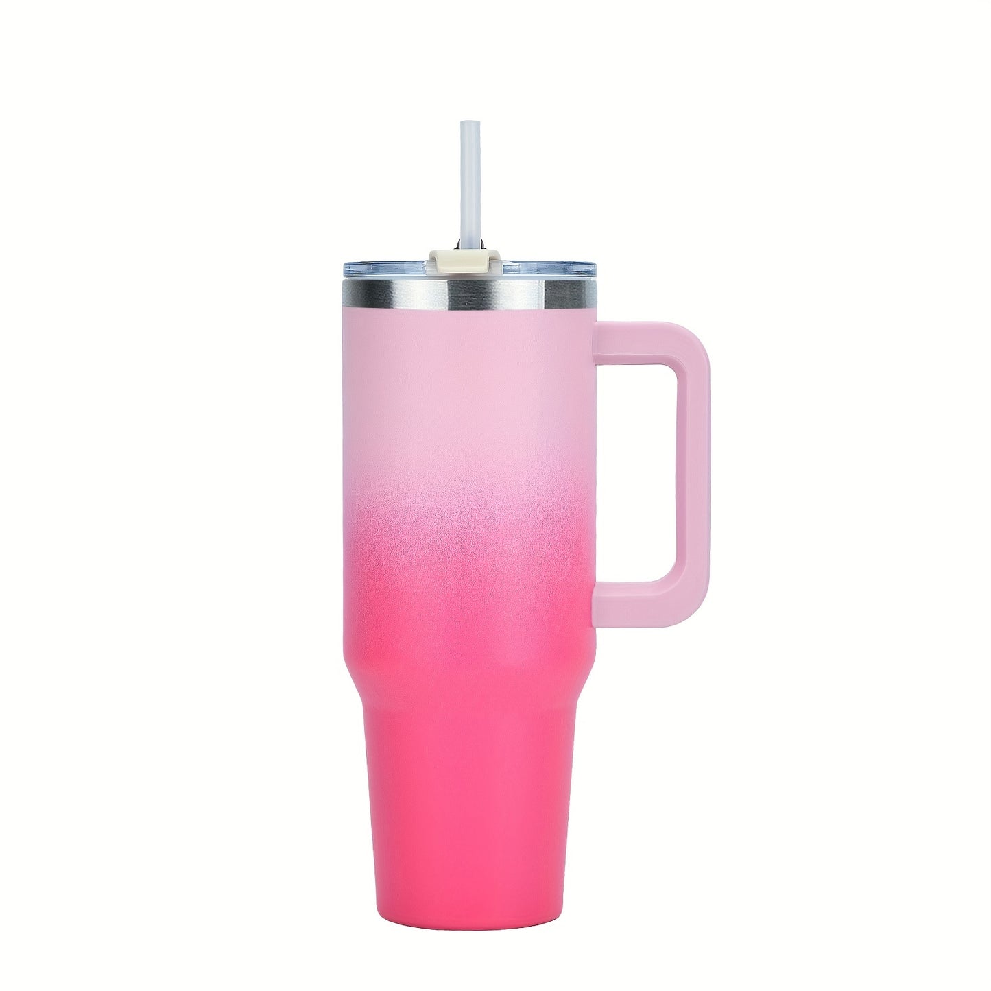 30-40 oz stainless steel vacuum tumbler with handle and straw for hot or cold beverages, includes straw.