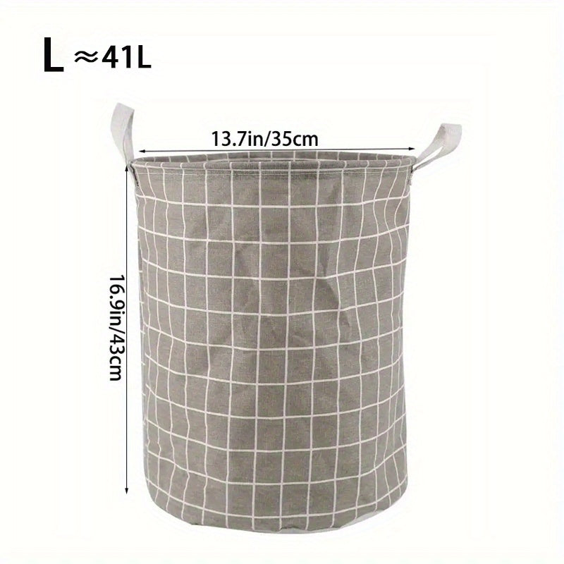 Household Dirty Clothes Basket with Toy Storage Bucket, featuring a stylish plaid fabric made of cotton and linen. This large foldable waterproof storage basket is perfect for the bathroom, bedroom, or nursing room. A thoughtful gift for Christmas