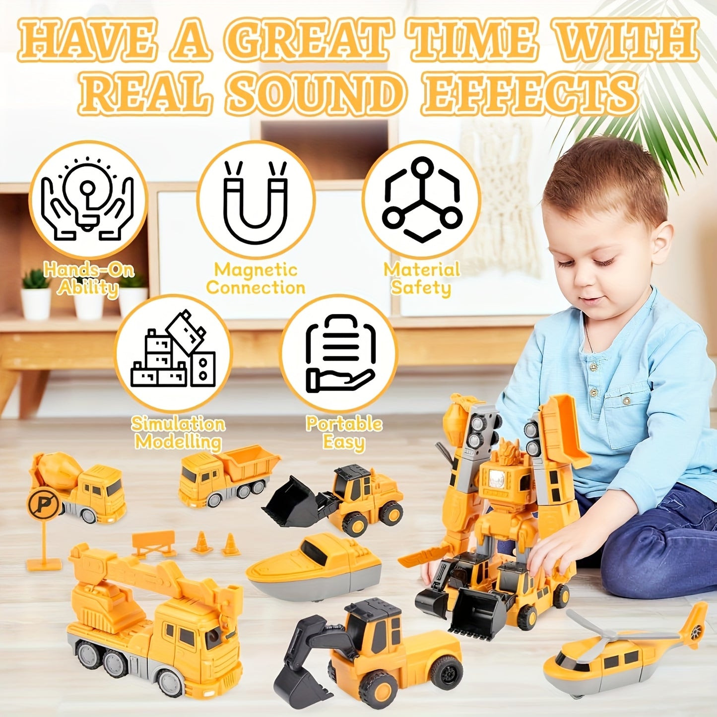 MISFANS 26/35pcs Magnetic Engineering Cars, Construction Robot Blocks, Educational Toy for Kids 3-8, Durable Plastic, Yellow