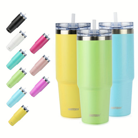 30oz stainless steel popsicle cup with push piece switch cover, straw, and color box packaging.