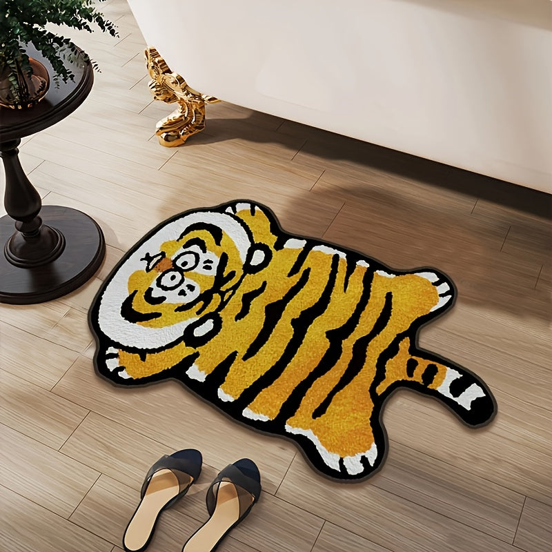 Upgraded ultra-fine thickened short fleece non-slip floor mat featuring a cute little tiger pattern in brown. This special-shaped microfiber mat is both absorbent and non-slip, making it perfect for both indoor use and as a toilet door mat. It is machine